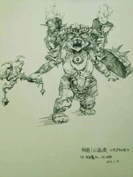 魔兽手绘 玩家签字笔线稿牛头人战士